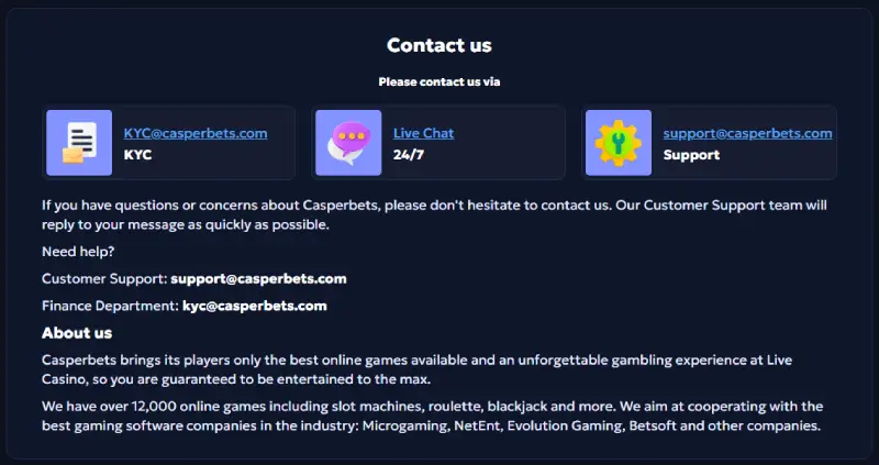 Support at CasperBets Casino